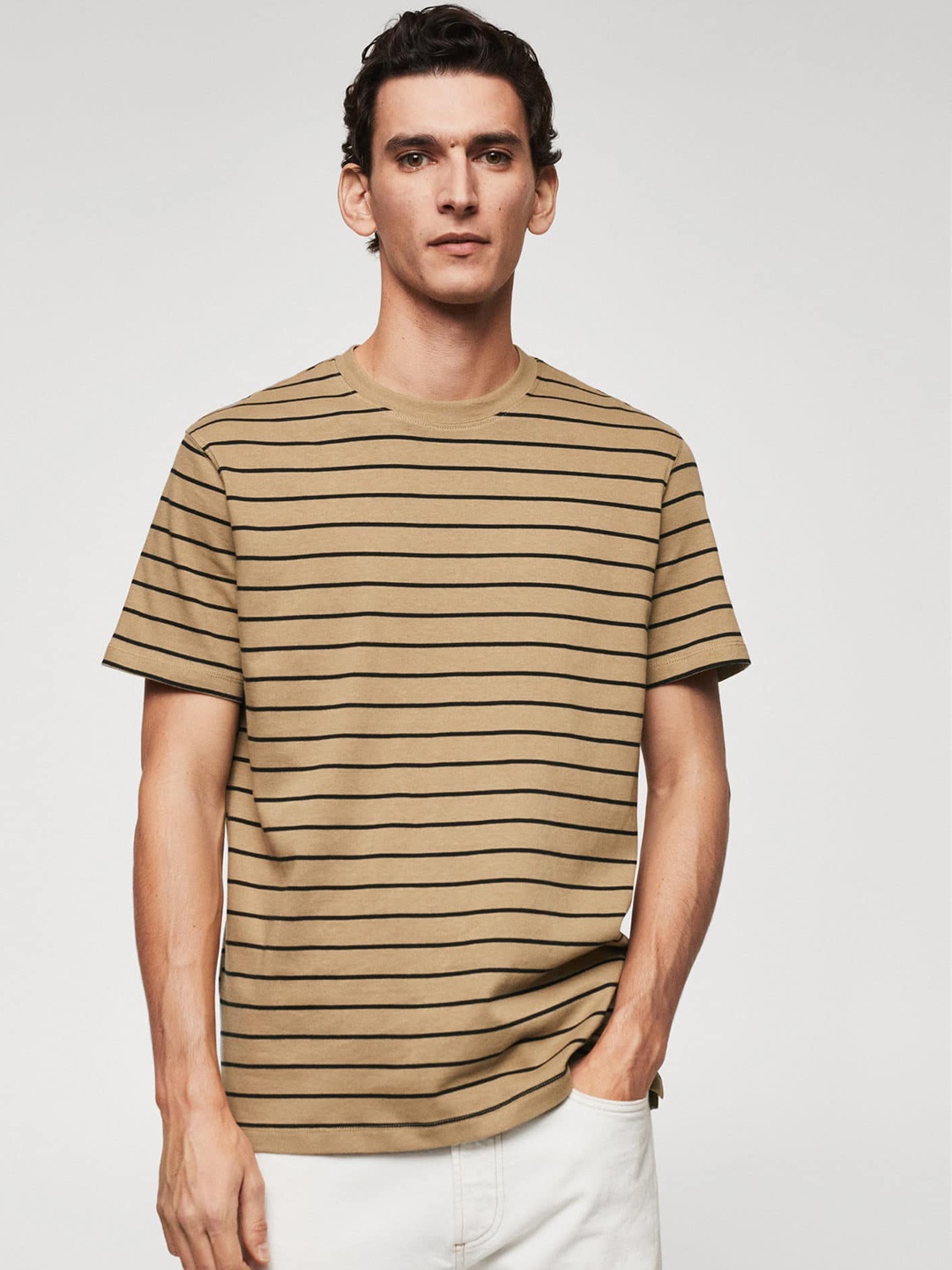 

MANGO MAN Striped Pure Cotton Sustainable T-shirt, Beige