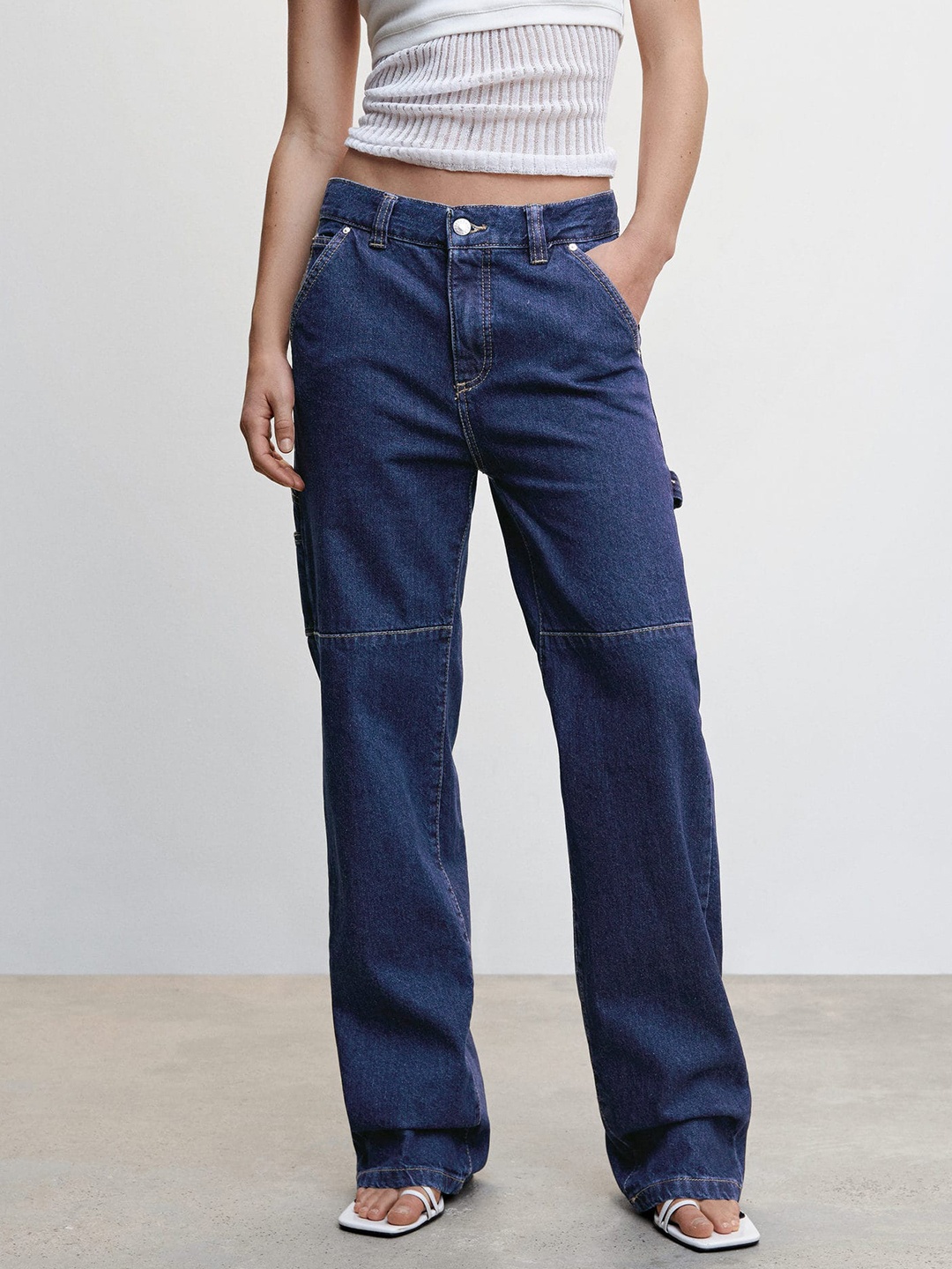 

MANGO Women Cargo Style Straight Jeans, Navy blue