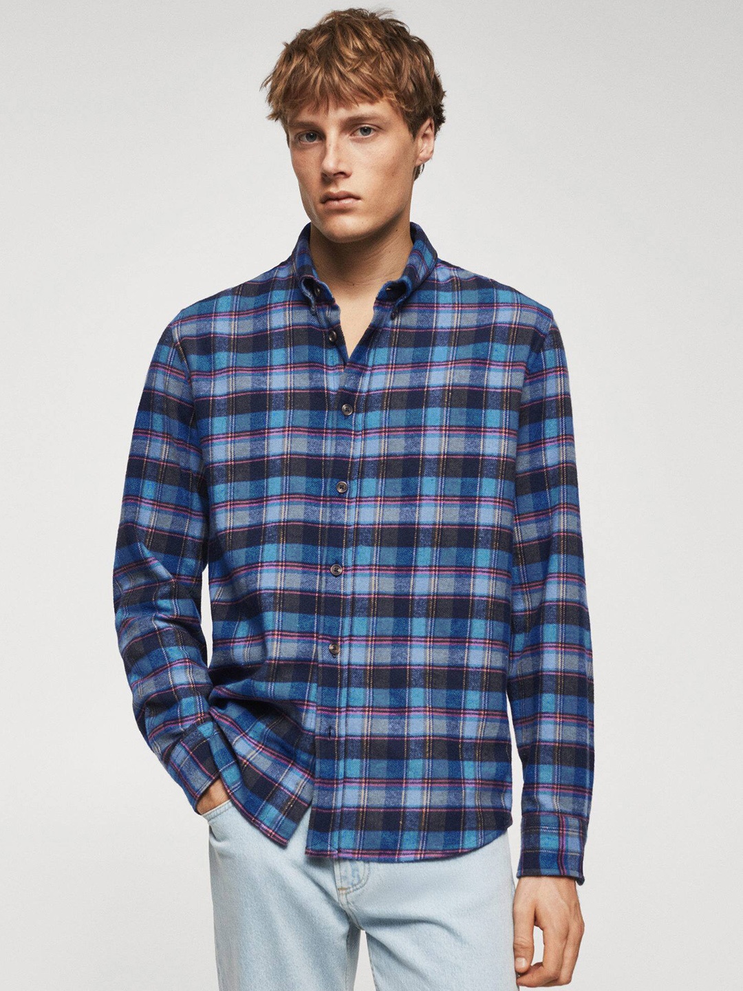 

MANGO MAN Tartan Checks Sustainable Flannel Shacket, Blue