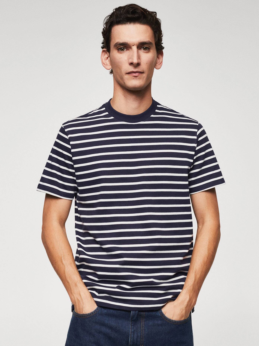 

MANGO MAN Striped Pure Cotton T-shirt, Navy blue
