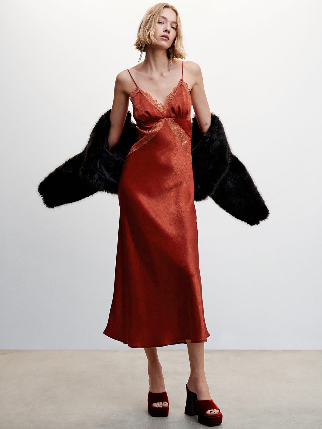 

MANGO Velvet Finish A-Line Midi Dress, Maroon