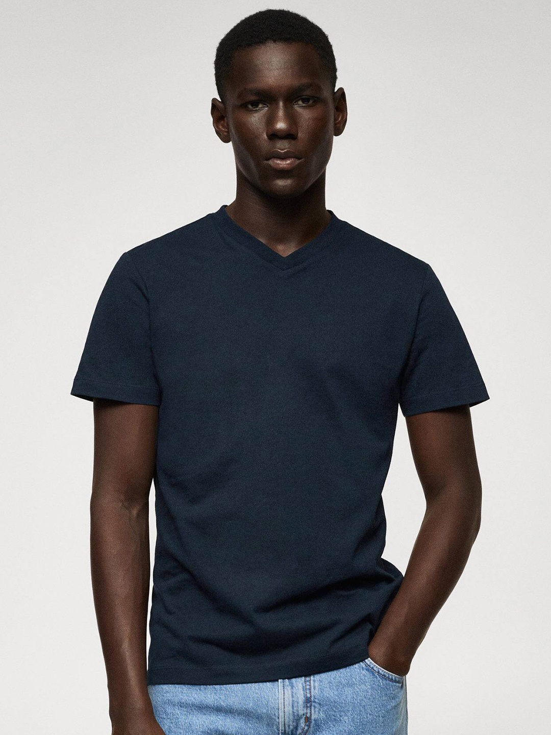 

MANGO MAN Solid Pure Cotton T-shirt, Navy blue