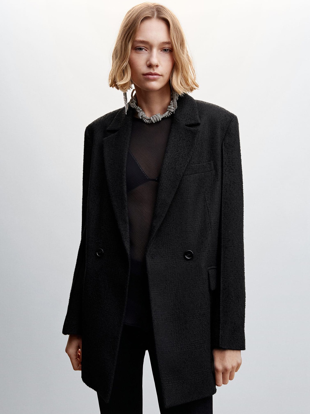 

MANGO Patterned Longline Blazer, Black
