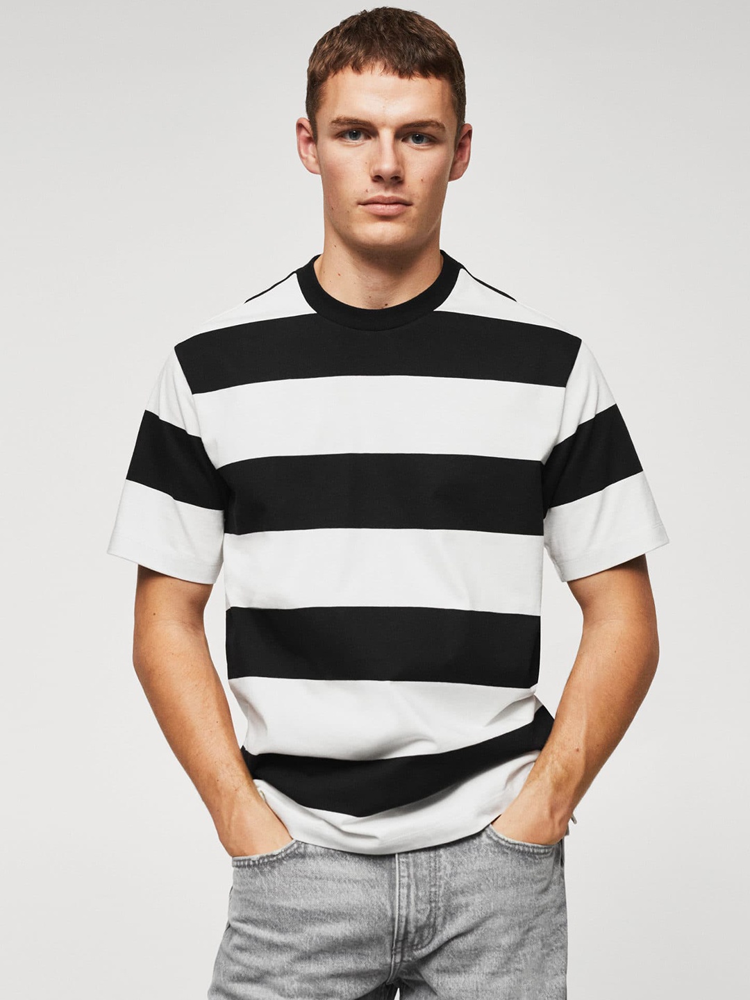 

MANGO MAN Striped Monochrome Pure Cotton T-shirt, White