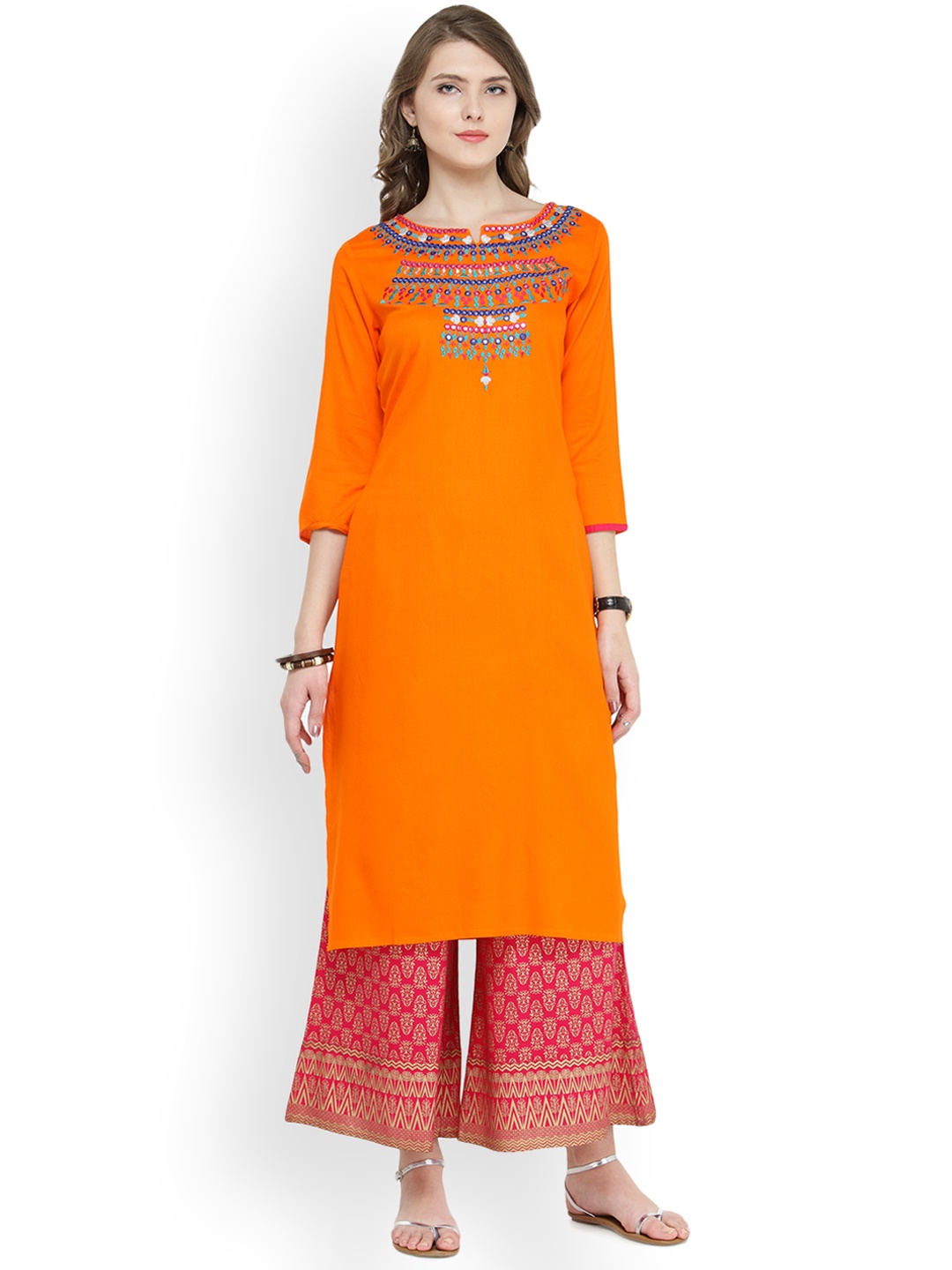 

Varanga Women Orange & Pink Embroidered Kurta with Palazzos