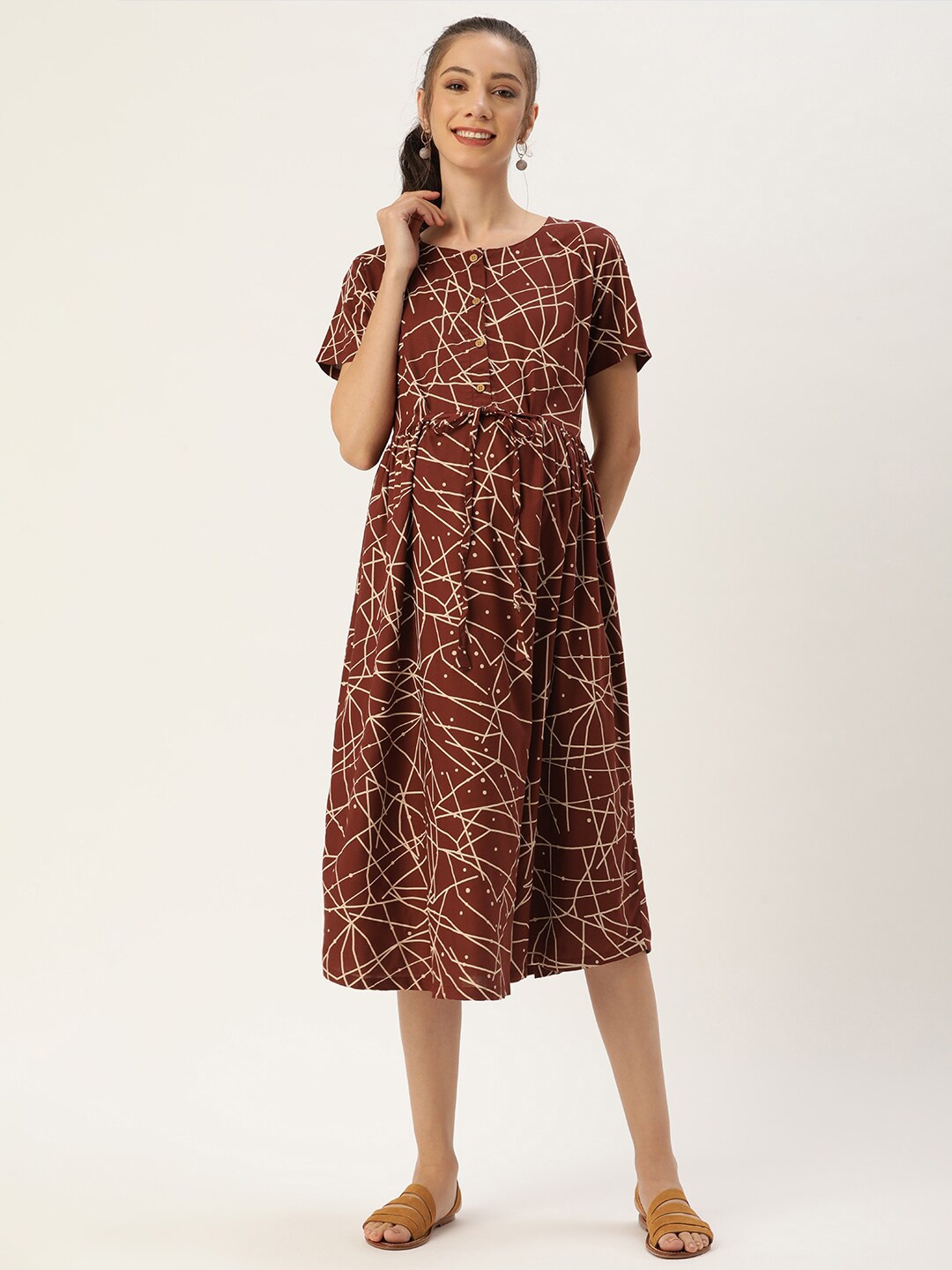 

Nejo Abstract Printed Tie-Up Neck Fit & Flare Dress, Maroon