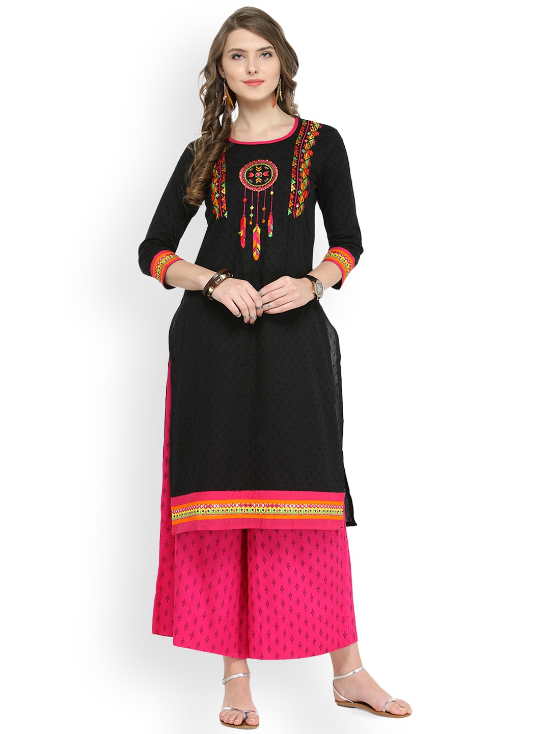 

Varanga Women Black & Pink Embroidered Kurta with Palazzos