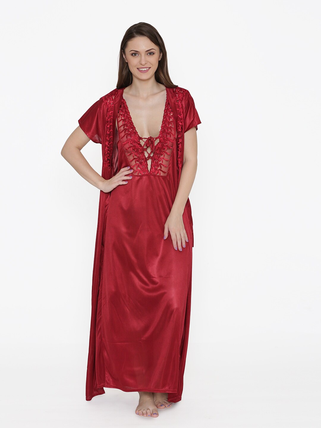 

N-Gal Maroon Embroidered Maxi Nightdress