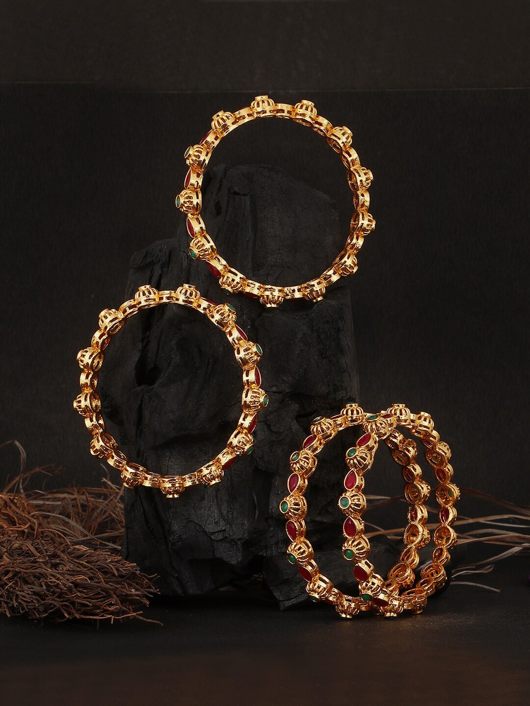 

Adwitiya Collection Set Of 4 24 CT Gold-Plated Stone-Studded Bangles, Red