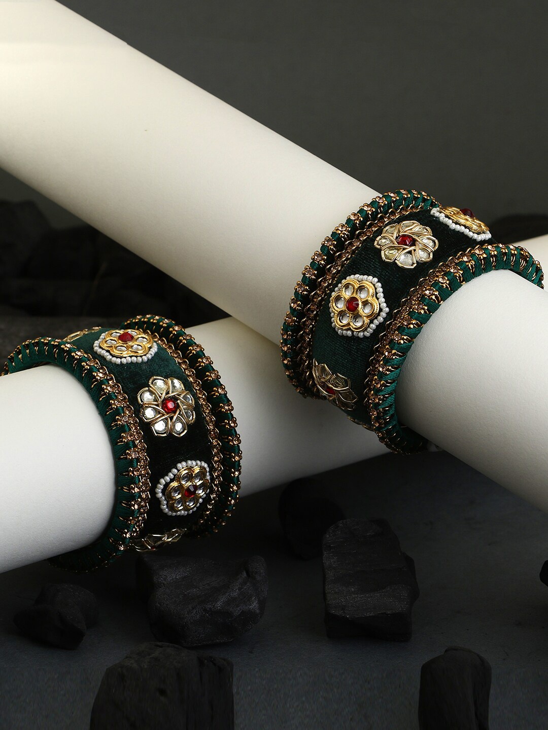 

Adwitiya Collection Set Of 10 24 CT Gold-Plated Kundan & Stones-Studded Bangles, Green