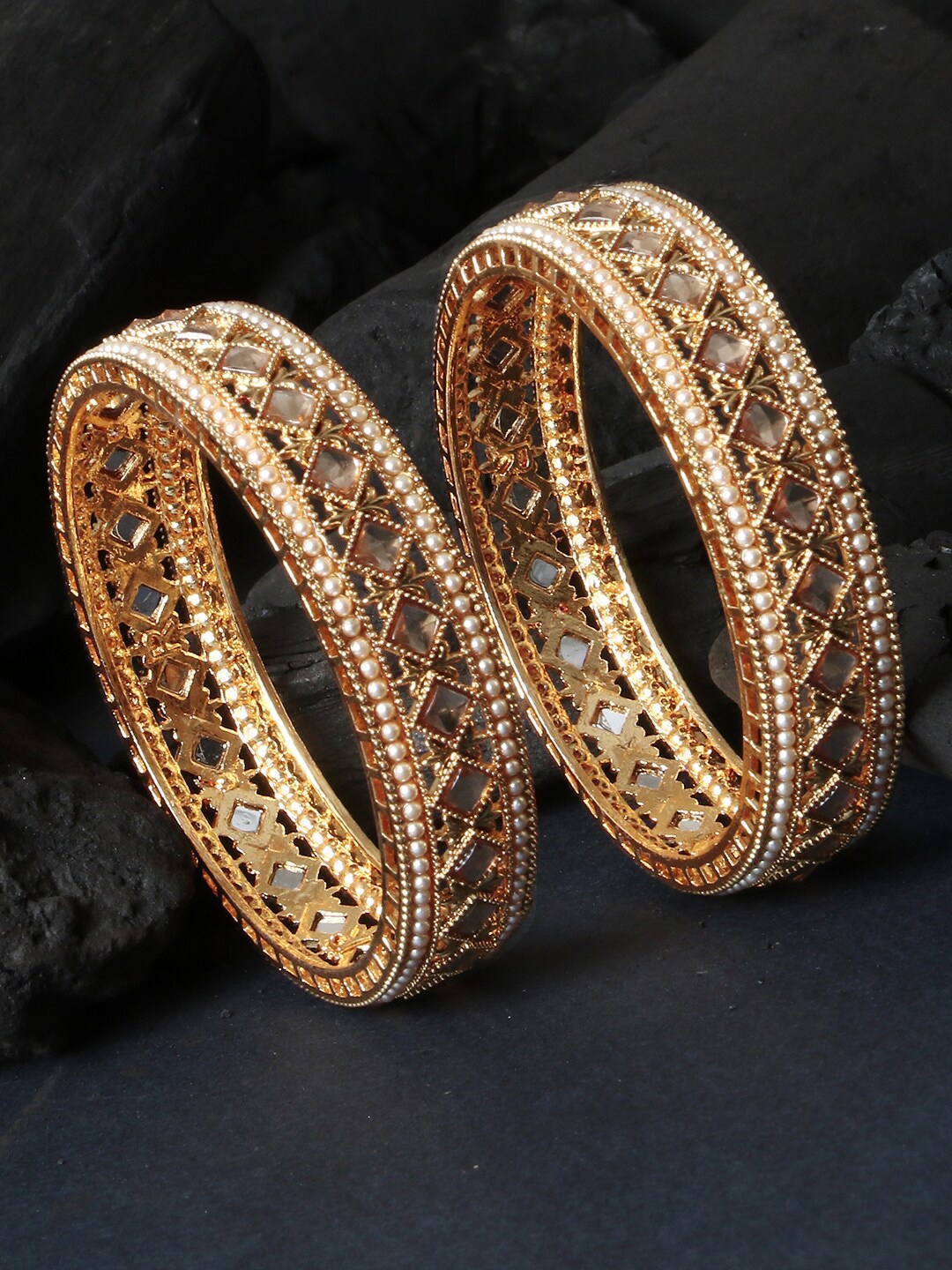 

Adwitiya Collection Set Of 2 24 CT Gold-Plated Stone-Studded Pearl Beaded Bangles, White