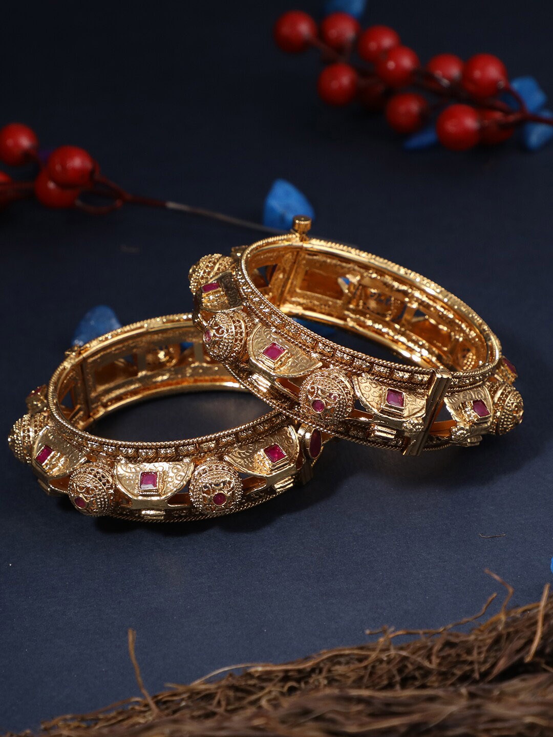 

Adwitiya Collection Set Of 2 24 CT Gold-Plated Stone-Studded Bangles, Pink