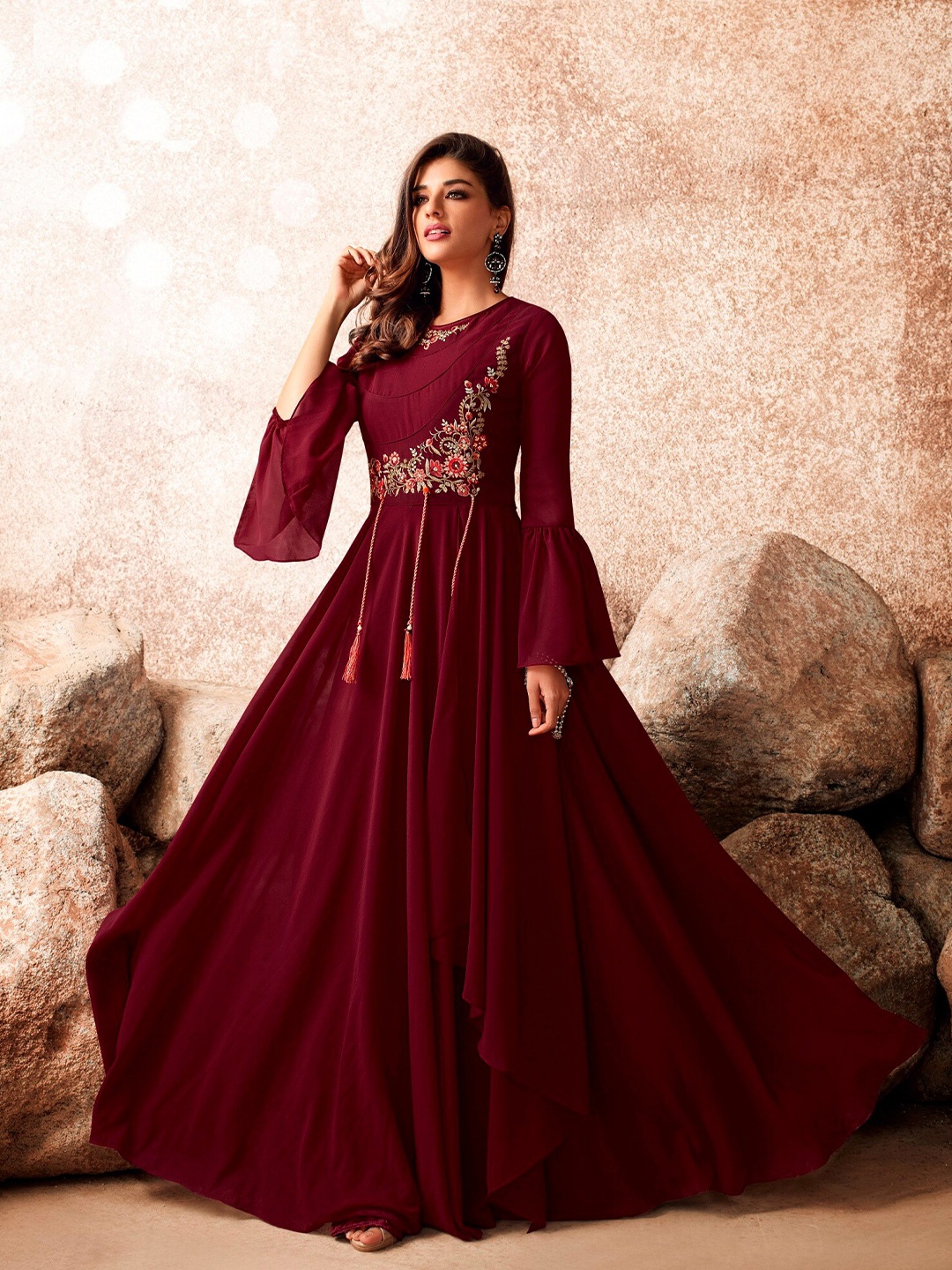 

APNISHA Round Neck Georgette Maxi Dress, Maroon