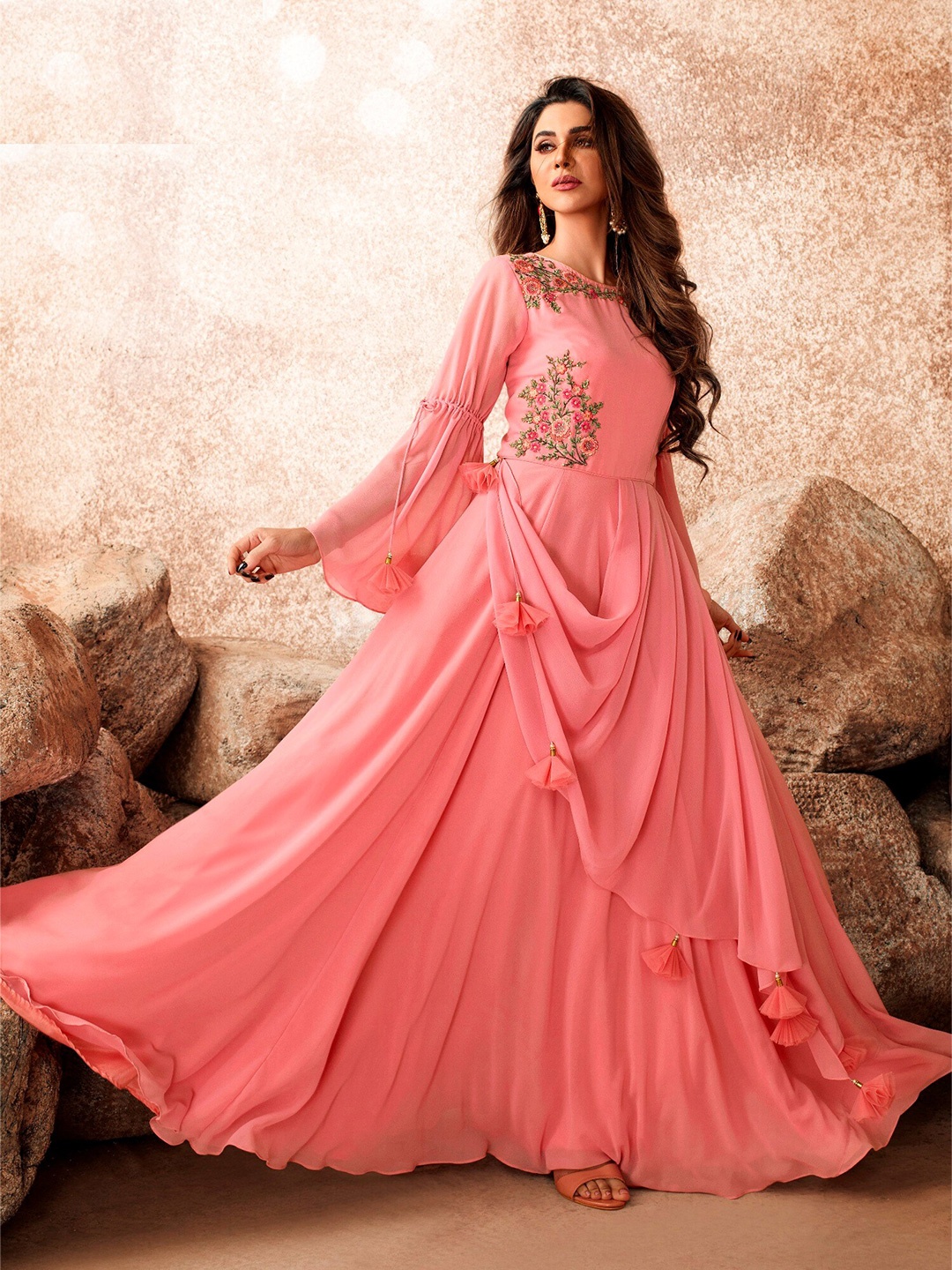 

APNISHA Embroidered Layered Maxi Bell Sleeves Fit & Flare Dress, Pink