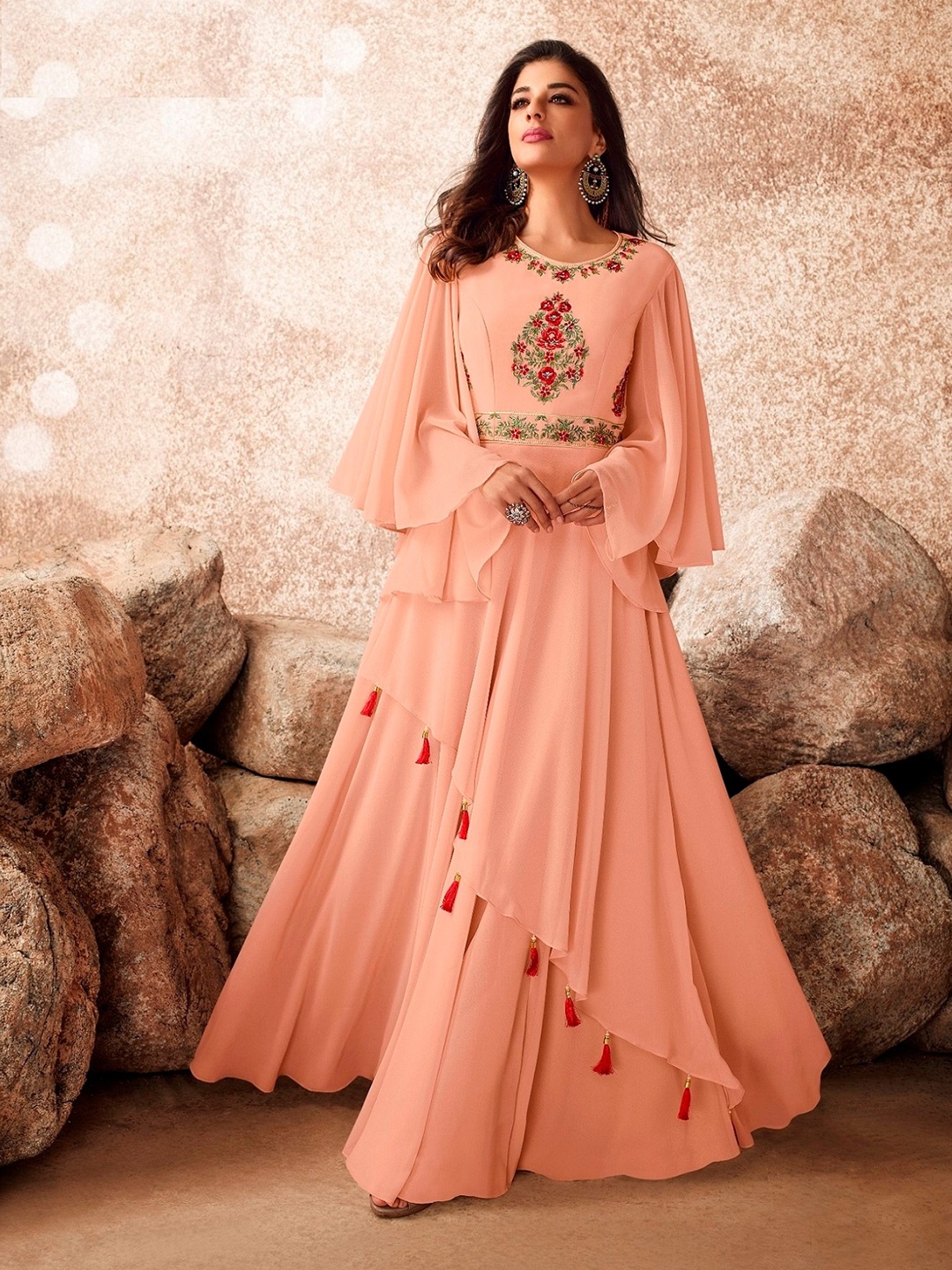 

APNISHA Floral Embroidered Flared Sleeves Maxi Fit & Flare Dress, Peach