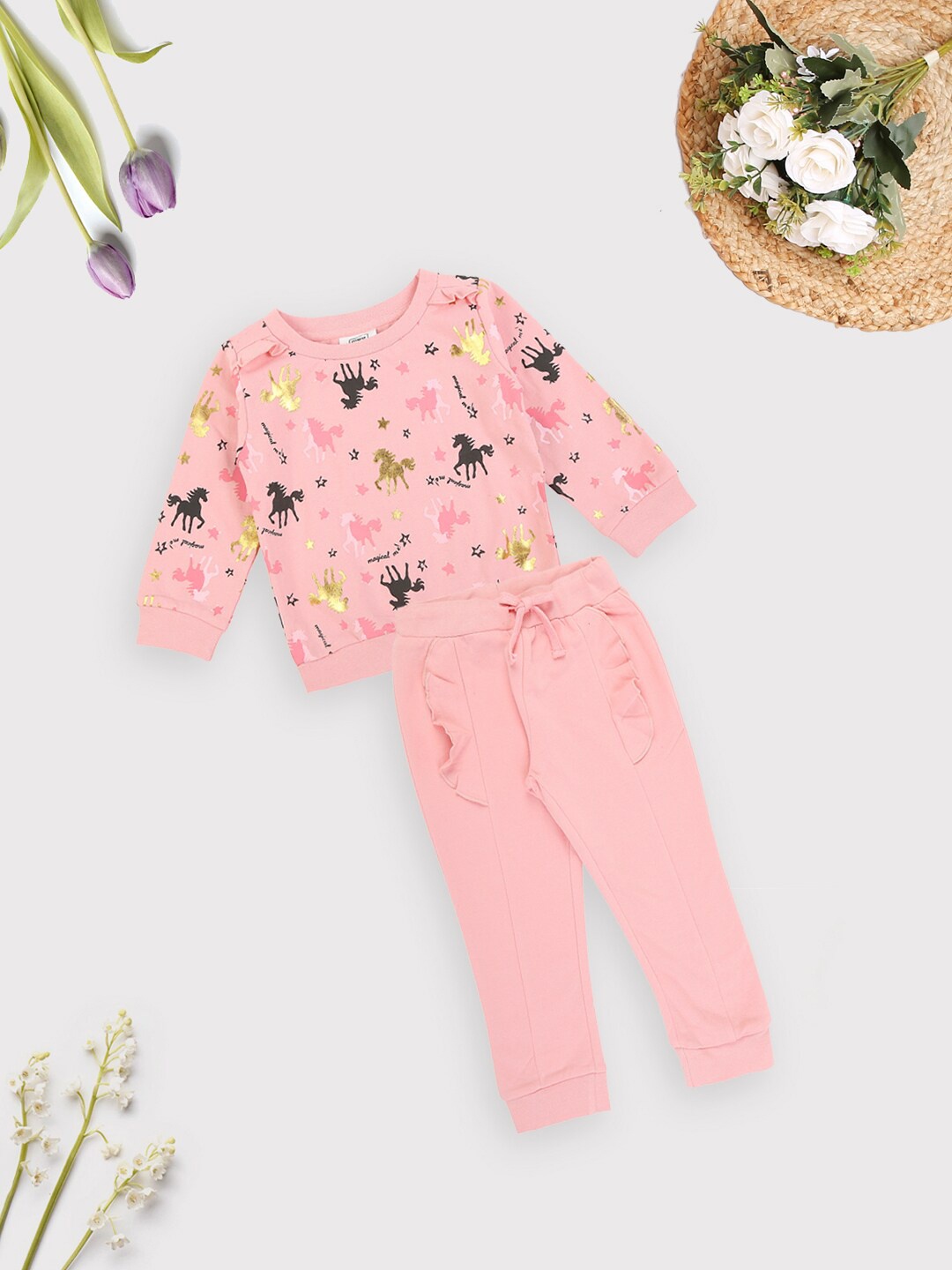 

MeeMee Girls Printed Pure Cotton Sweatshirt with Trousers Clothing Set, Pink