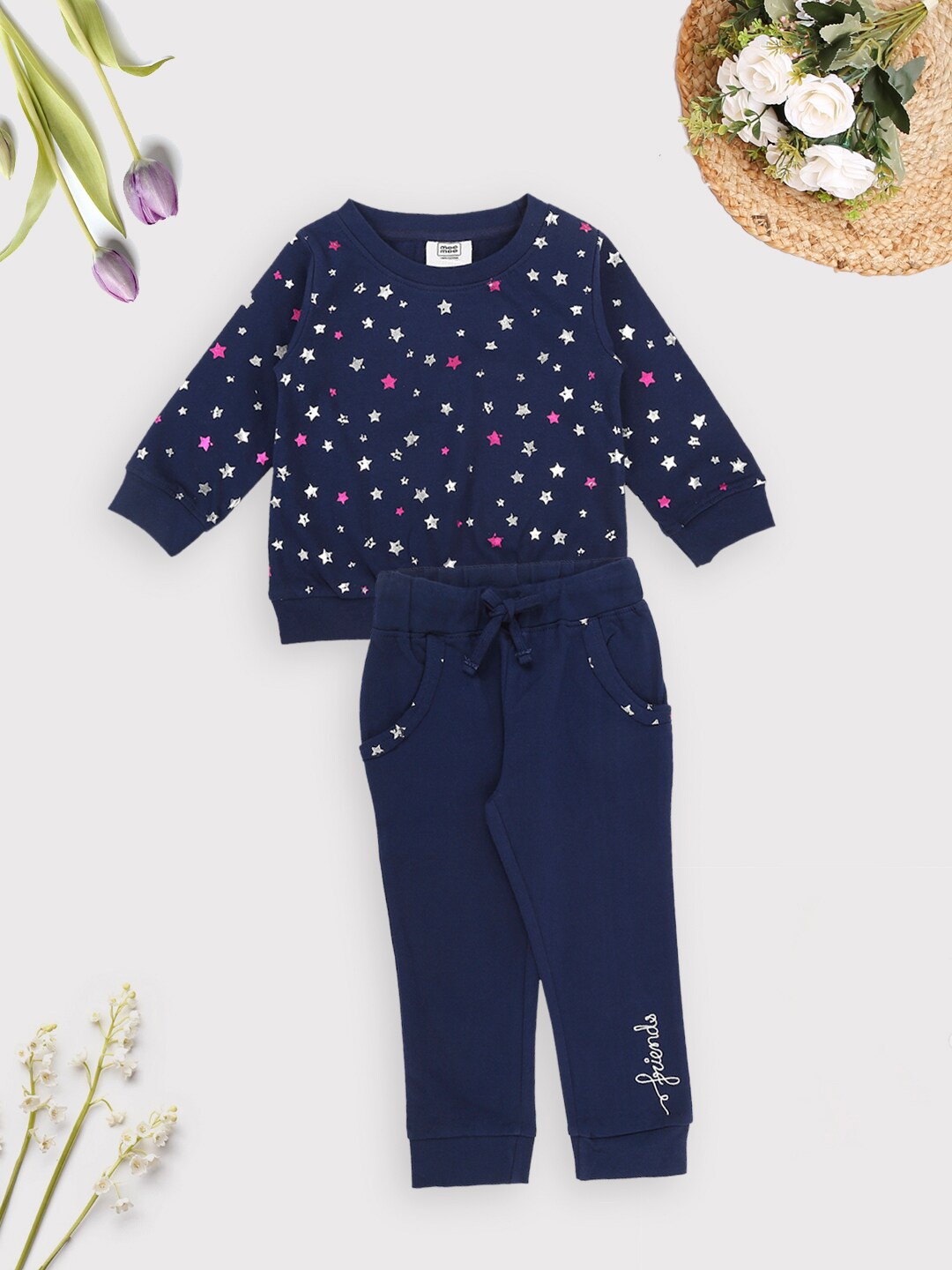

MeeMee Girls Printed Pure Cotton Sweatshirt with Trousers Clothing Set, Navy blue