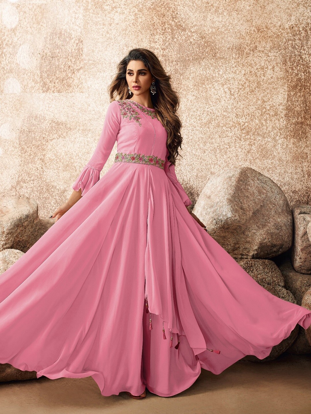 

APNISHA Floral Embroidered Maxi Dress, Pink
