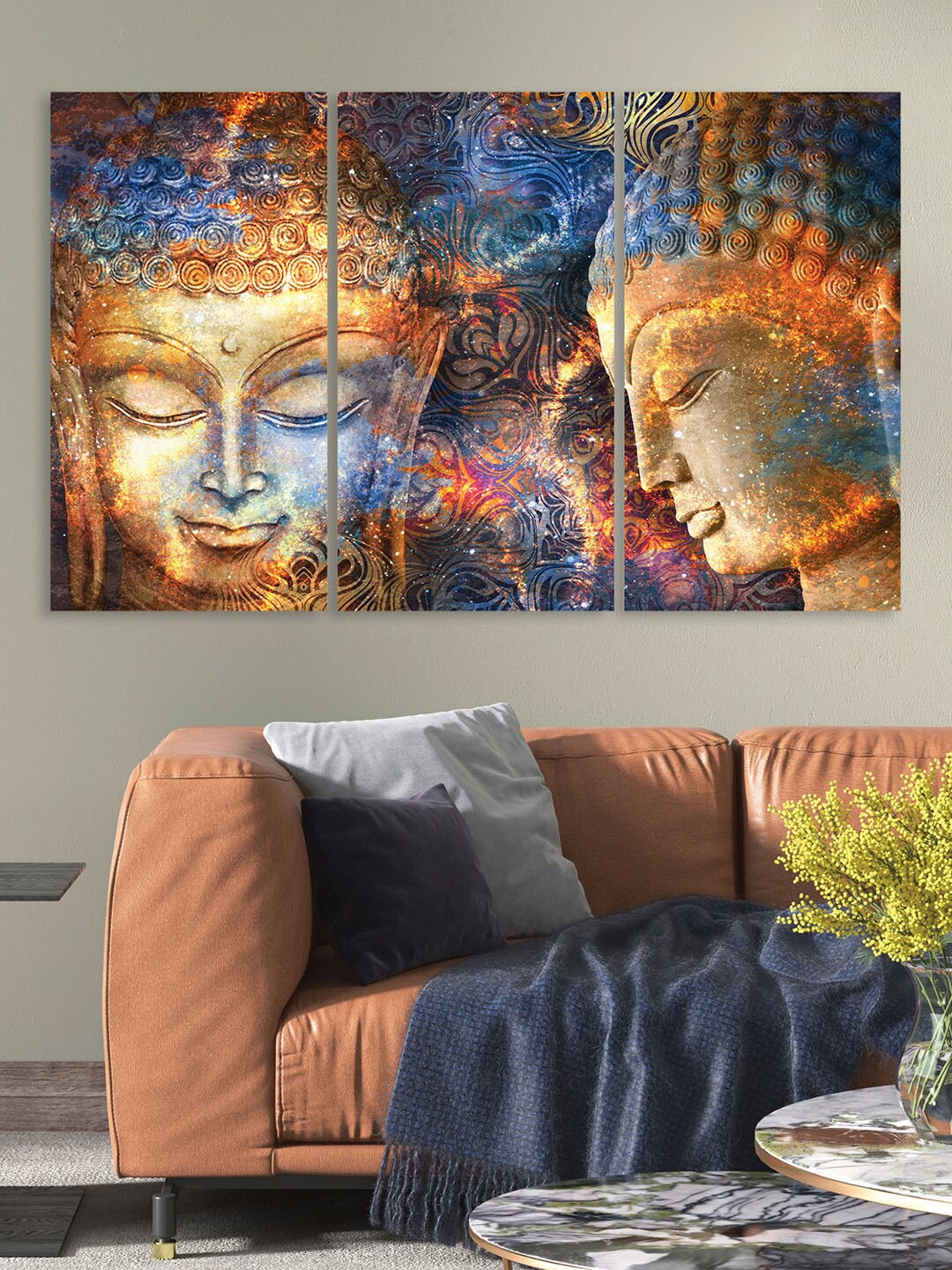 

RANDOM Set Of 3 Blue & Brown Golden Buddha Canvas Wall Art