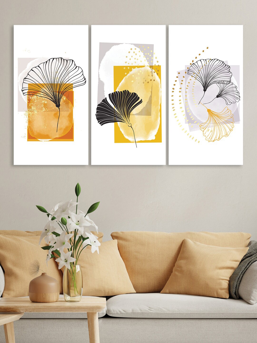 

RANDOM 3 Pieces White & Yellow Modern leaves Canvas Wall Art
