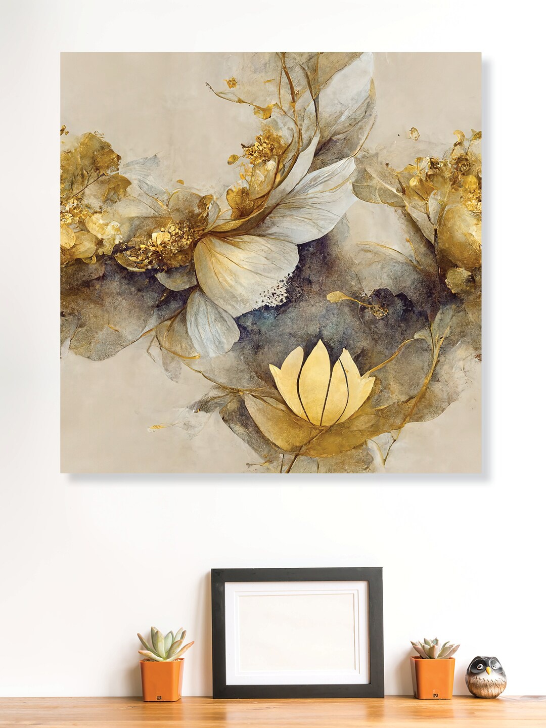 RANDOM Beige & Gold-Toned Flower Lotus Canvas Wall Art