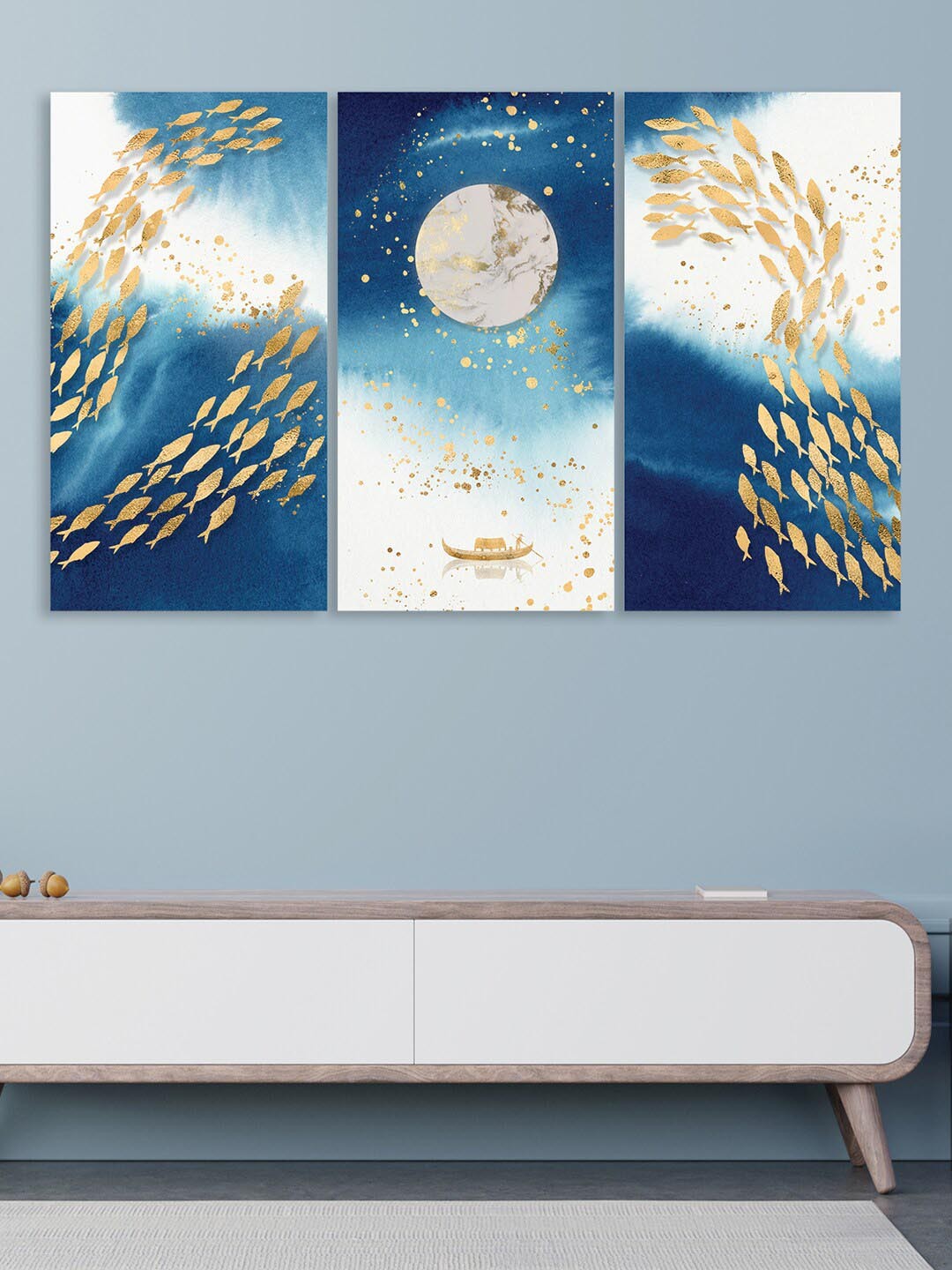 

RANDOM Blue and White 3 Pcs Golden Fishes Moon Painting Canvas Wall Art