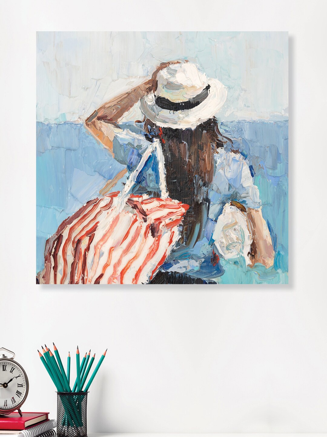 

RANDOM White & Blue Beautiful Girl Painting Canvas Wall Art