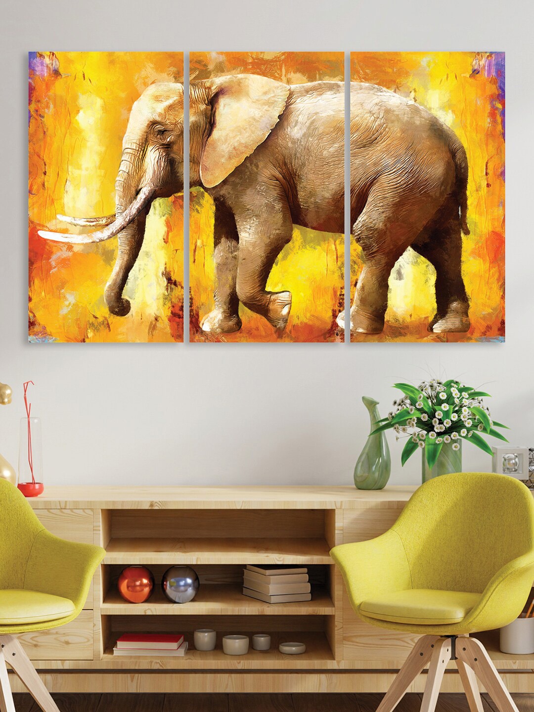 

RANDOM Yellow & Brown 3 Pcs Big Elephant Painting Canvas Wall Art