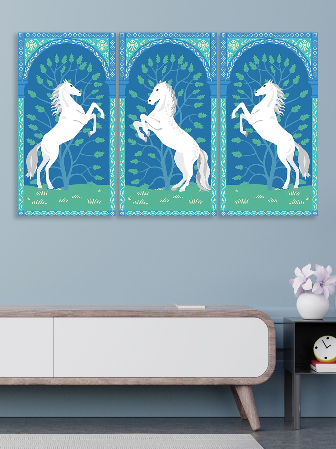 

RANDOM White & Blue 3 Pcs Horse On Its Hind Legs Canvas Painting Wall Art