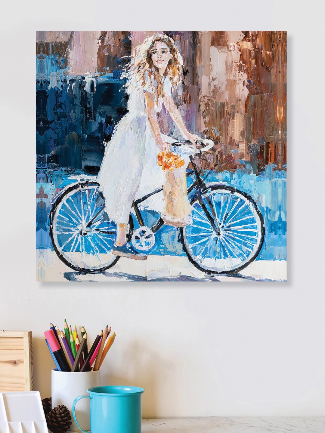 RANDOM White & Blue Riding Bicycle Painting Canvas Wall Art