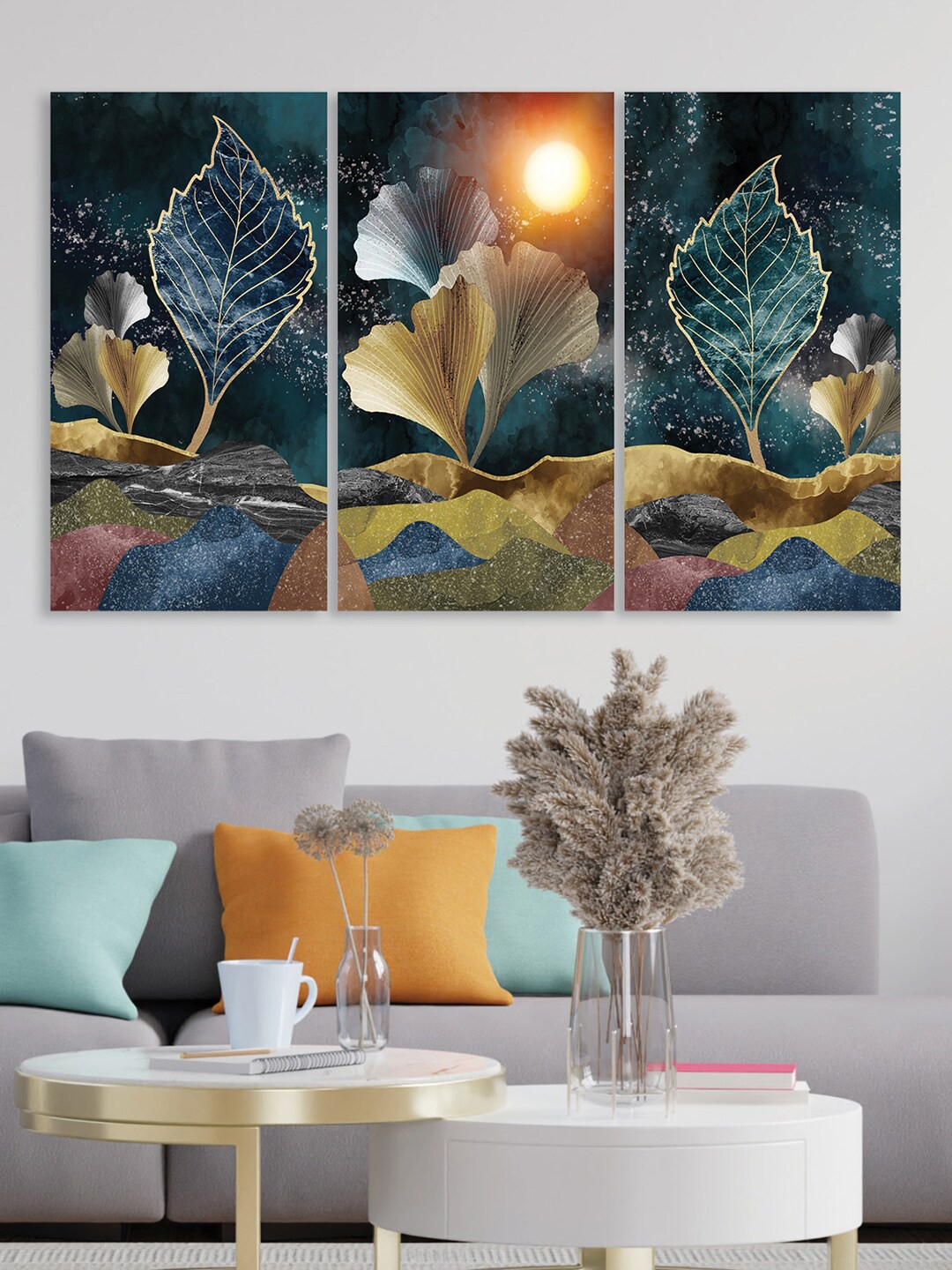 

RANDOM Blue & Gold Toned 3 Pcs Art Leaves Canvas Wall Art