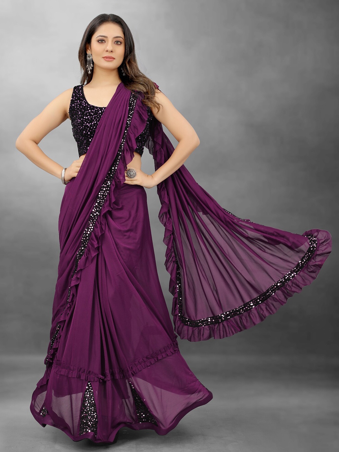 

APNISHA Schiffli Squence Embroidered Saree, Purple