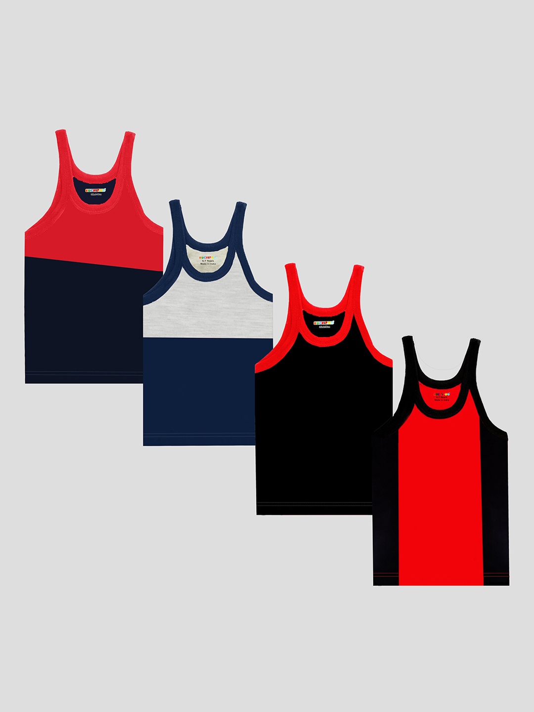 

KUCHIPOO Boys Pack Of 4 Colourblocked Pure Cotton Gym Vest, Black