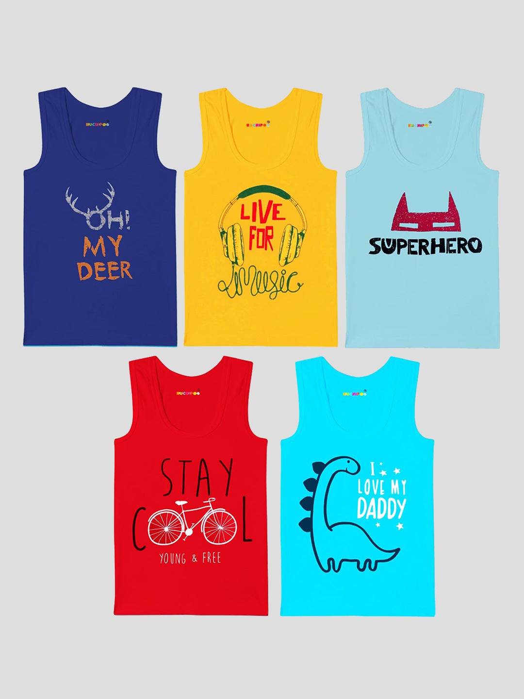 

KUCHIPOO Boys Pack Of 5 Printed Pure Cotton Innerwear Vest, Red