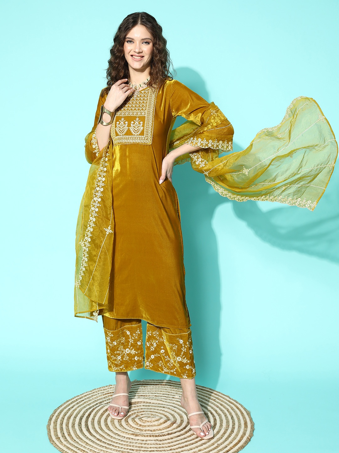 

Kvsfab Floral Embroidered Velvet Kurta With Trousers & Dupatta, Mustard