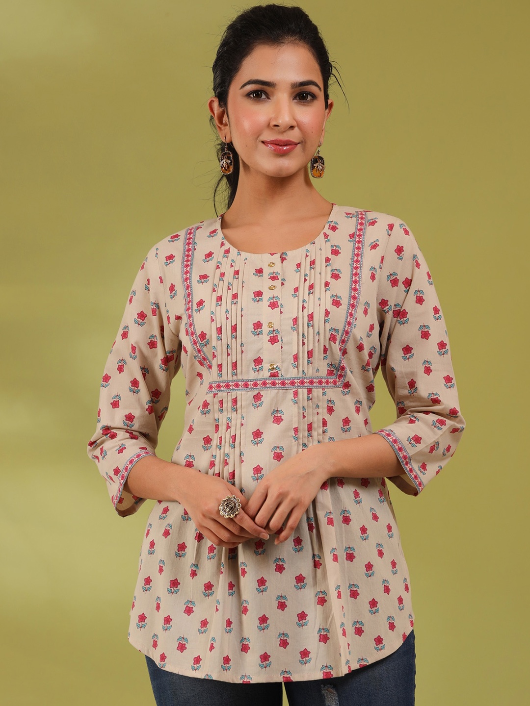 

Rain & Rainbow Floral Printed Pleated Detailed Pure Cotton Top, Beige