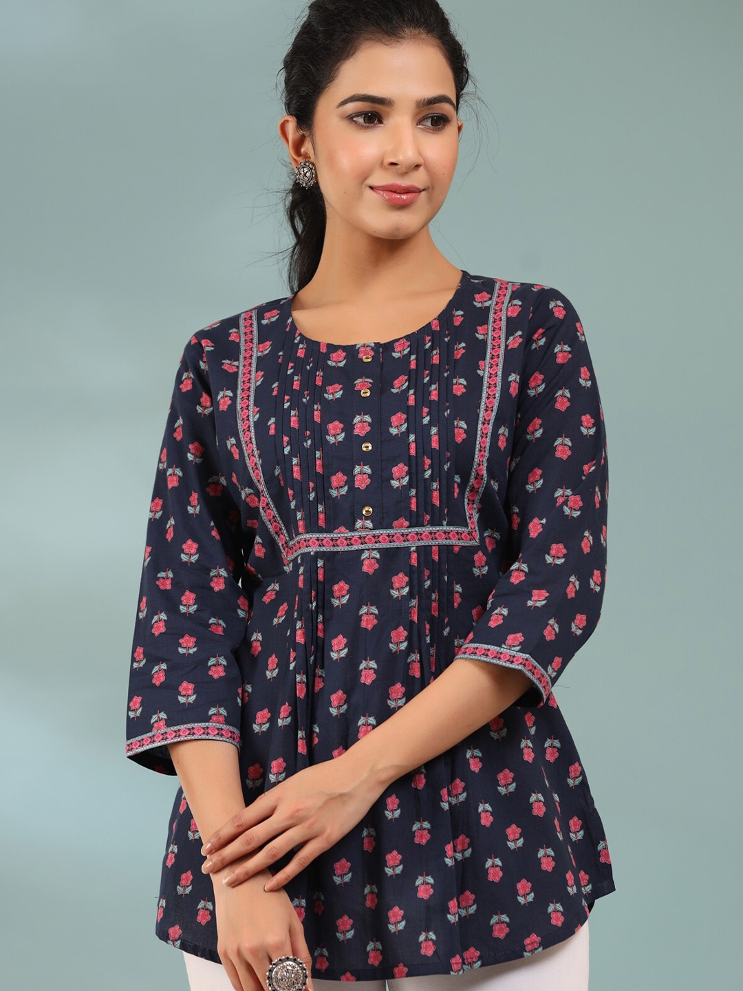 

Rain & Rainbow Floral Printed Empire Pure Cotton Top, Navy blue