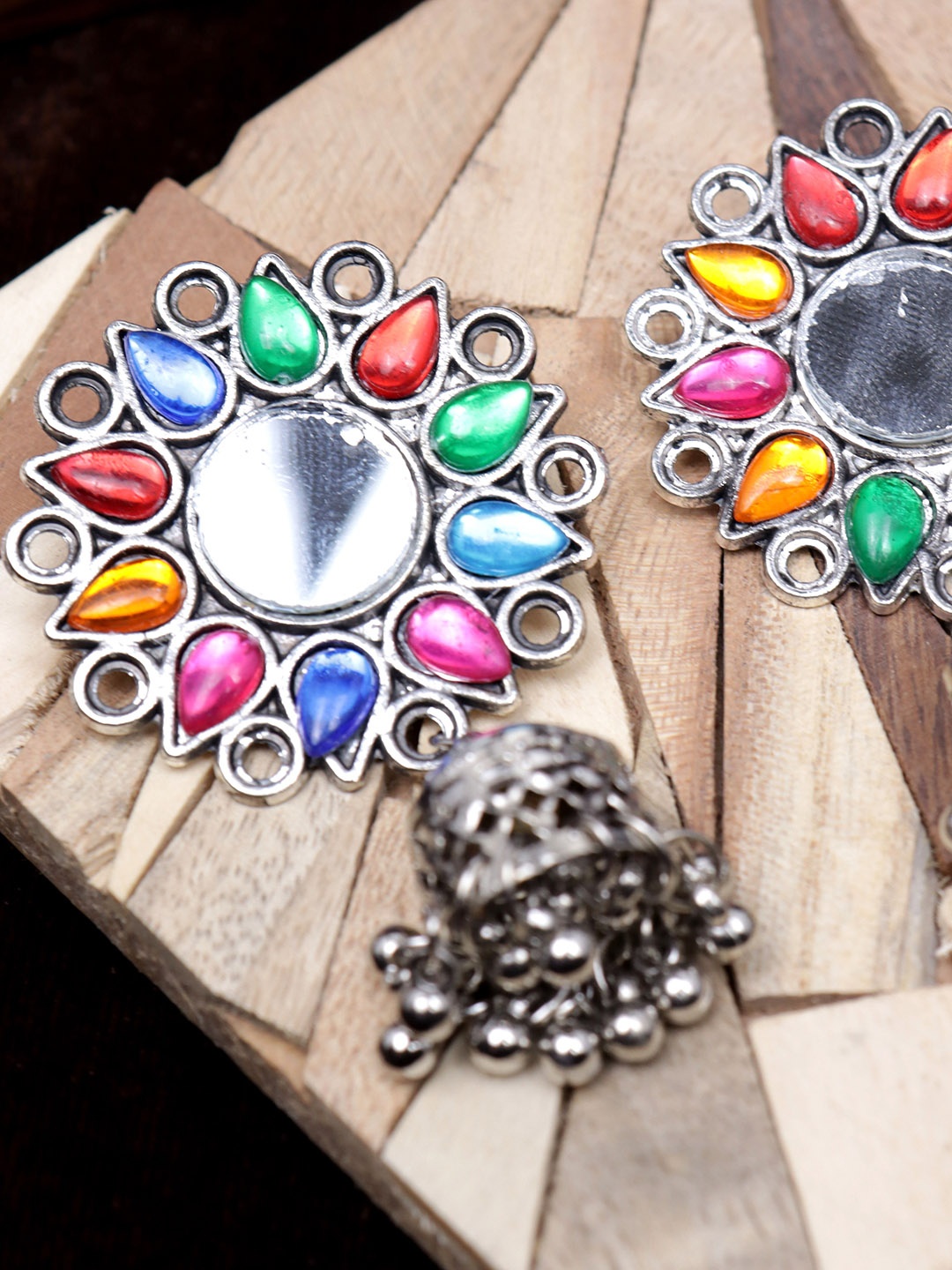 

Krelin Silver-Plated Contemporary Mirror Stone Studded Jhumkas Earrings, Red