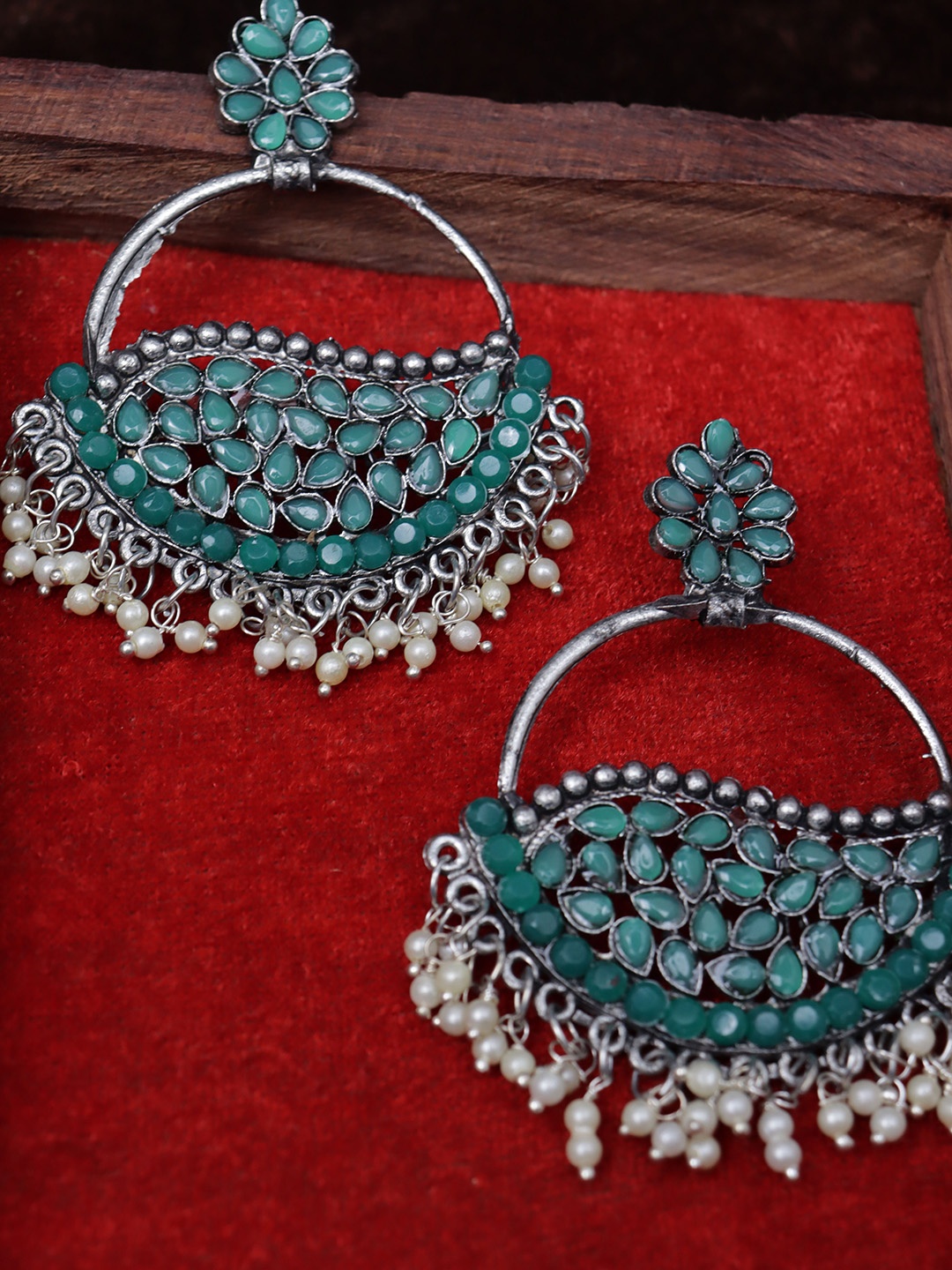 

Krelin Silver-Plated Oxidised Classic Stone Studded Drop Earrings, Green