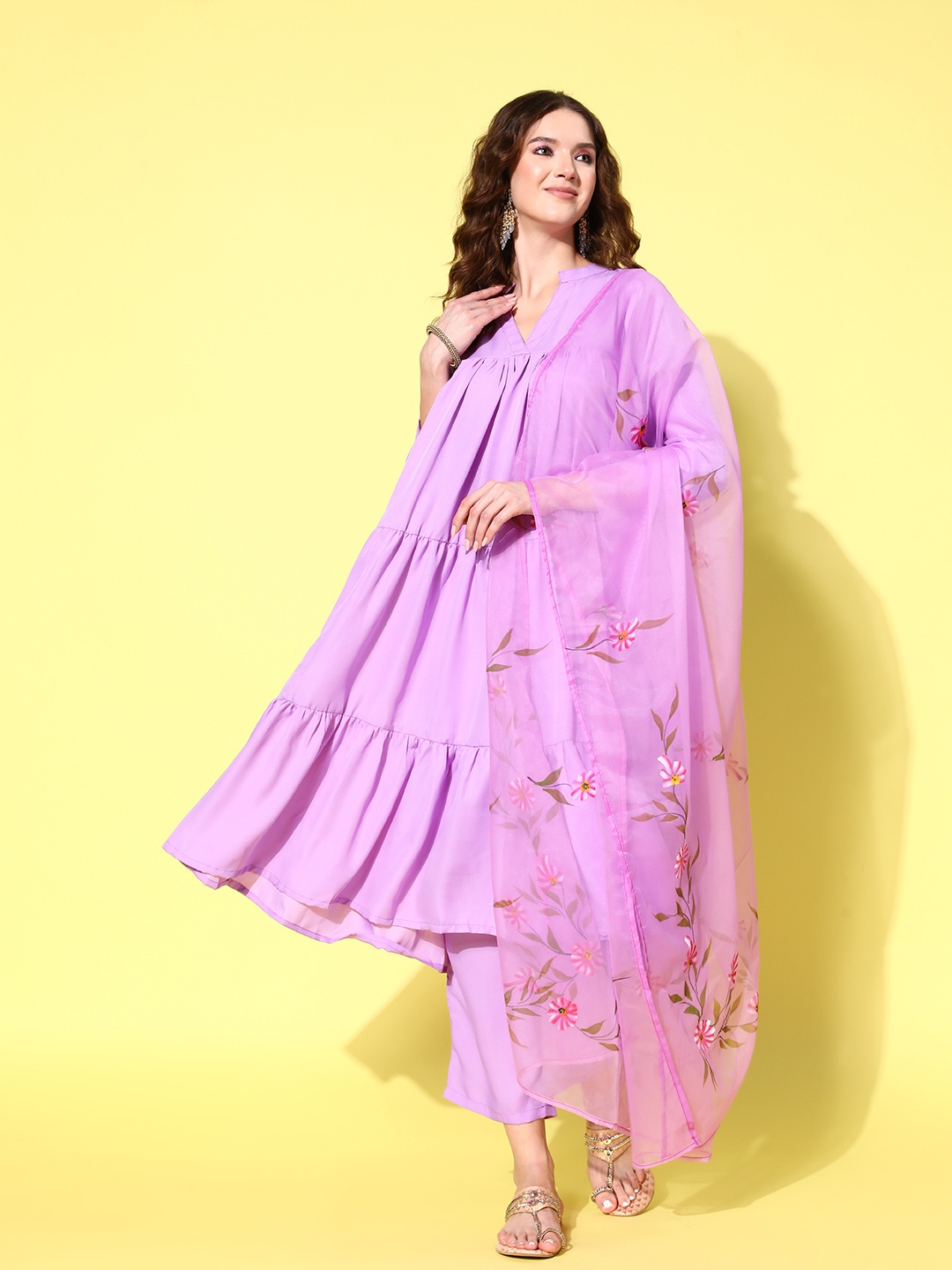 

InWeave Women Lavender Tiered Kurta With Trousers & Dupatta