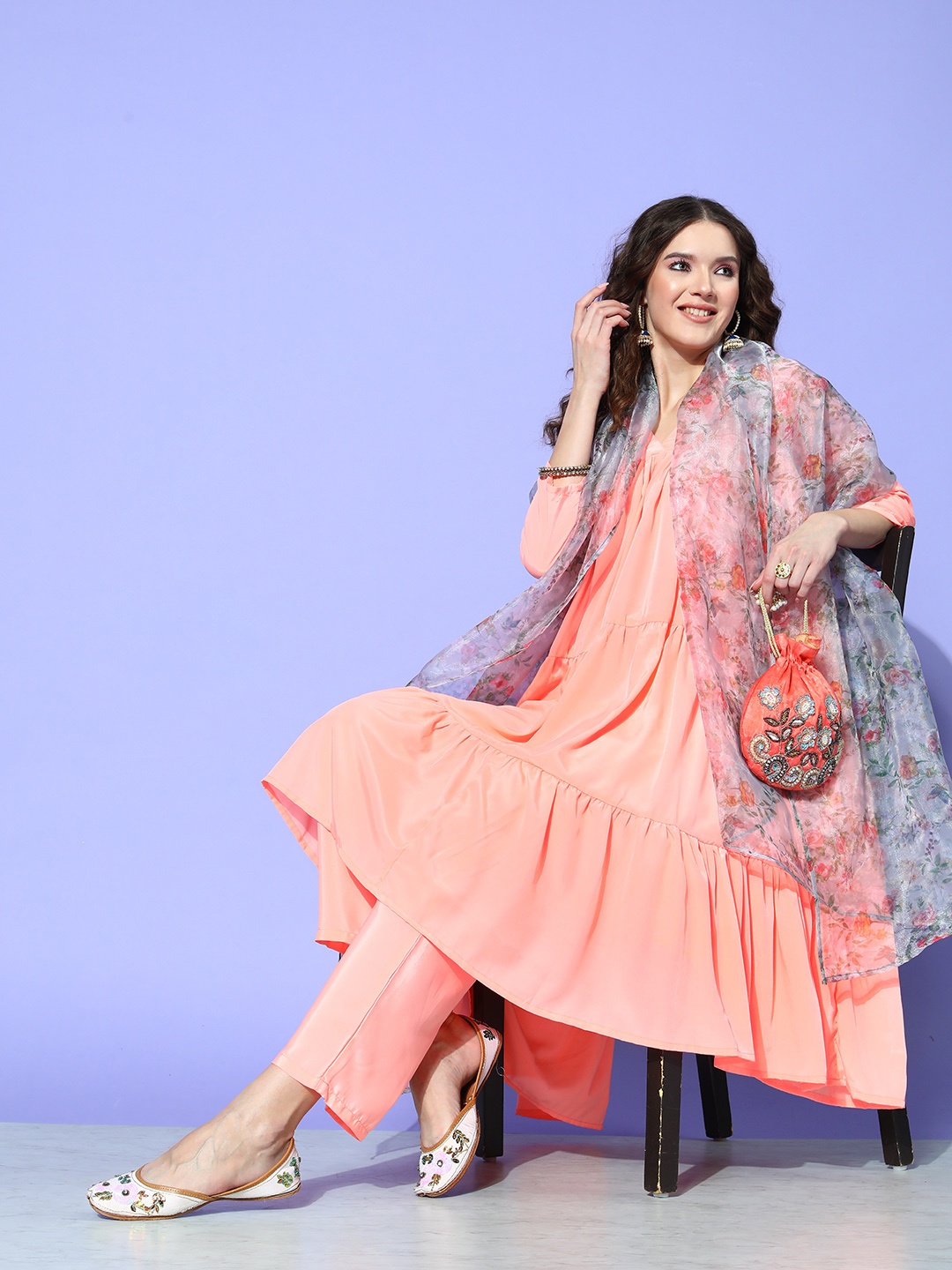 

InWeave Women Peach-Coloured Tiered Kurta With Trousers & Dupatta
