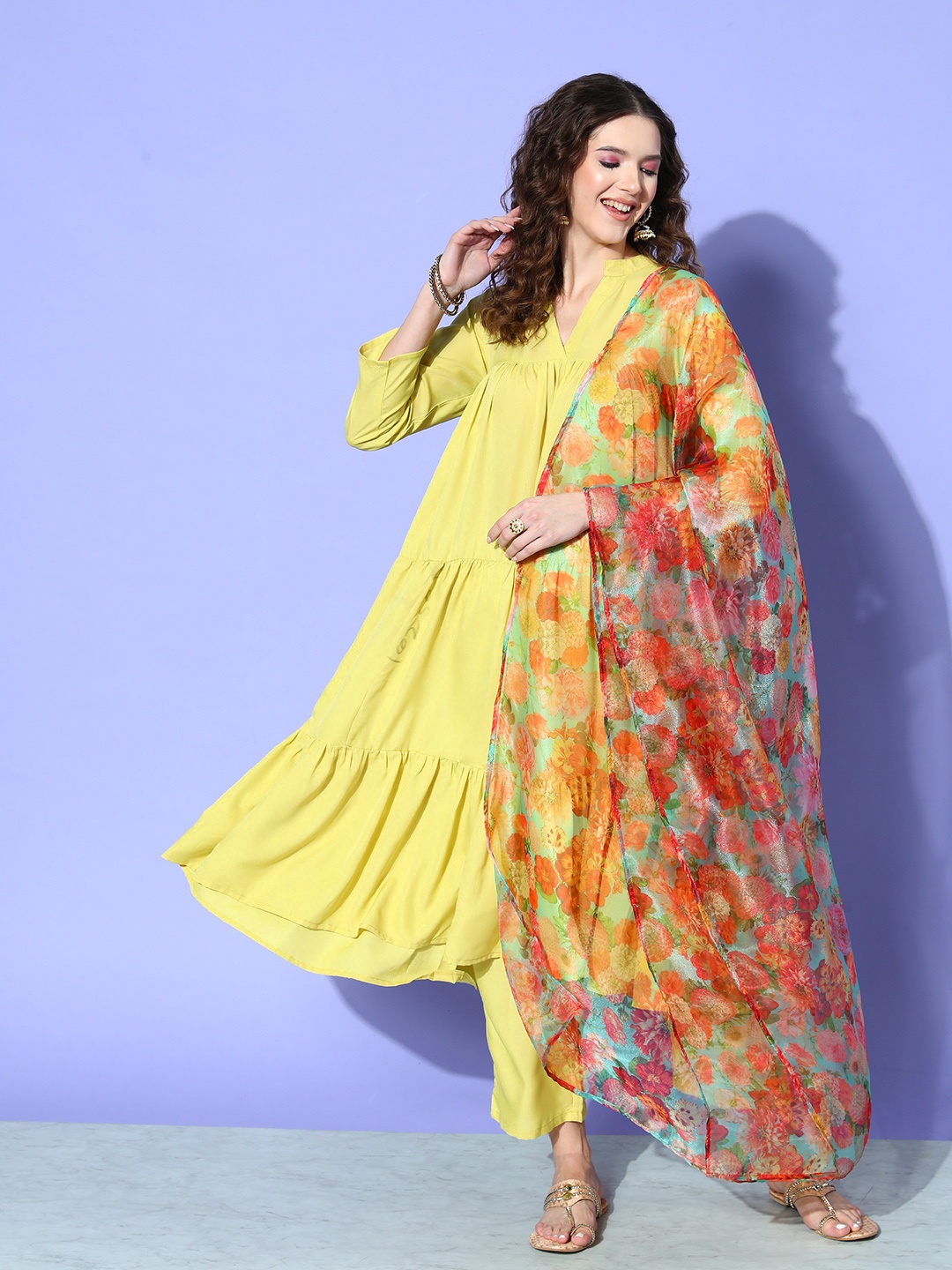 

InWeave Women Yellow Tiered Kurta With Trousers & Dupatta