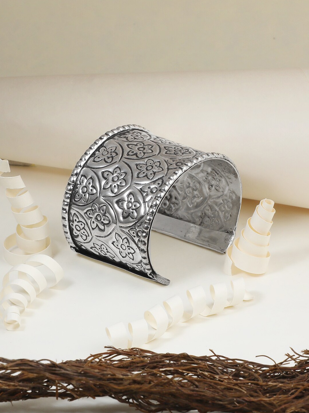 

Adwitiya Collection Women Brass Oxidised Silver-Plated Cuff Bracelet