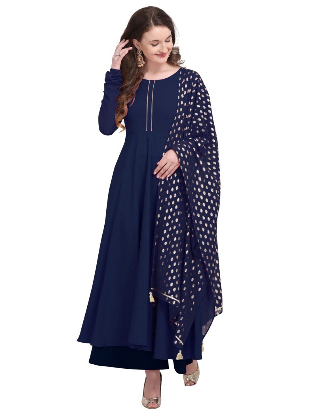 

APNISHA Round Neck A-Line Flared Georgette Kurta, Navy blue