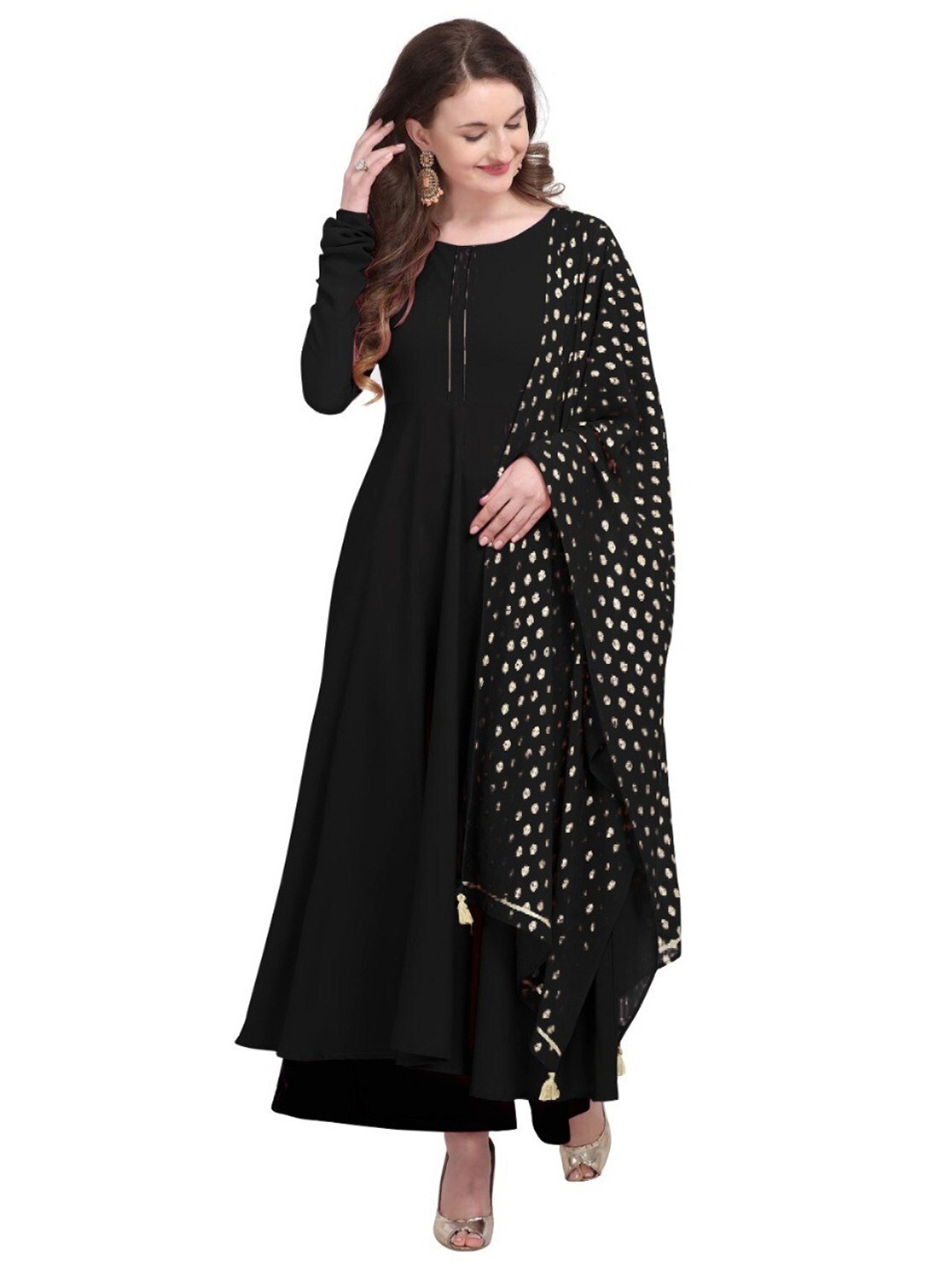 

APNISHA Georgette Ethnic Maxi Dress With Dupatta, Black