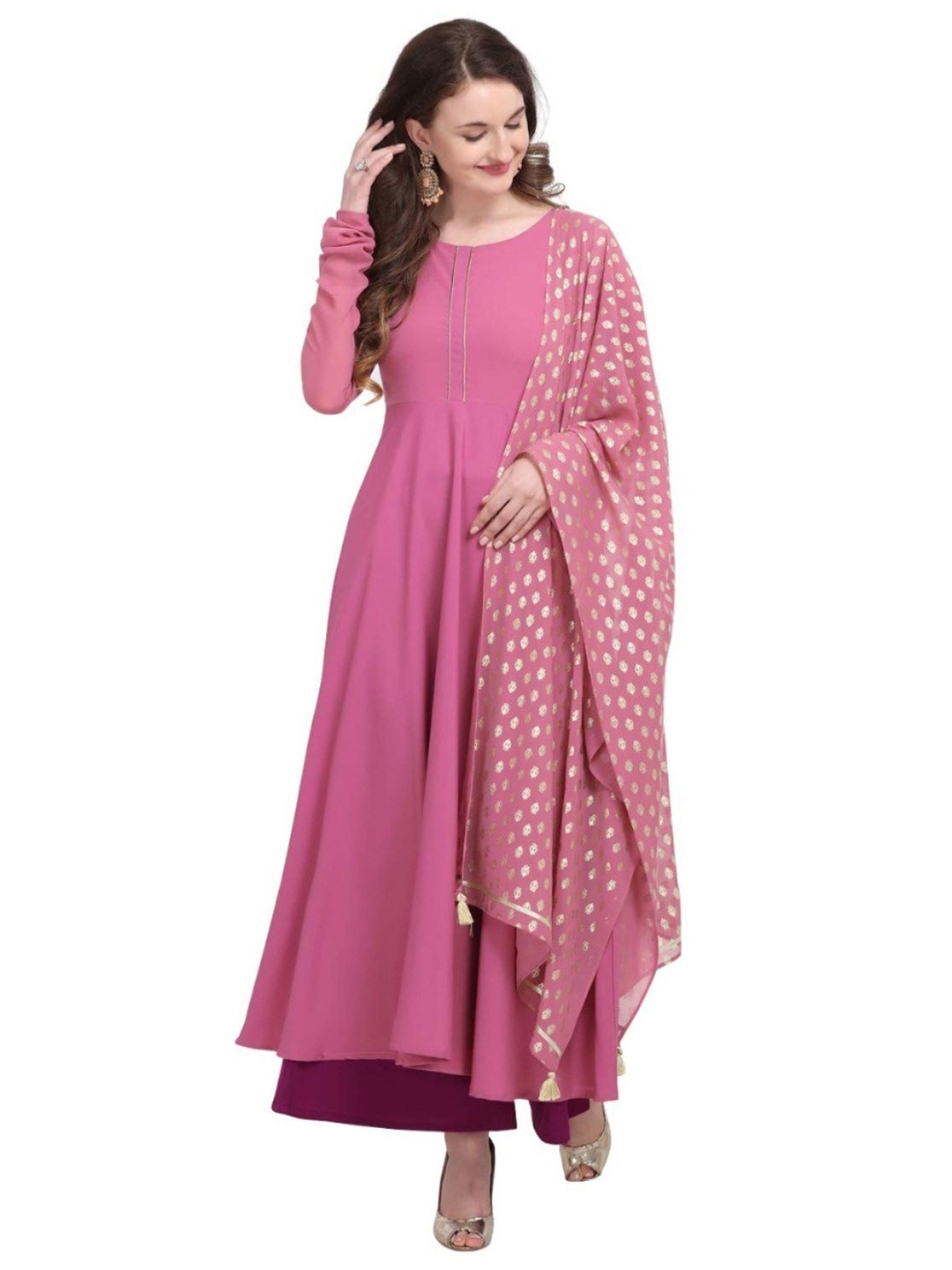 

APNISHA Georgette Ethnic Maxi Dress With Dupatta, Pink