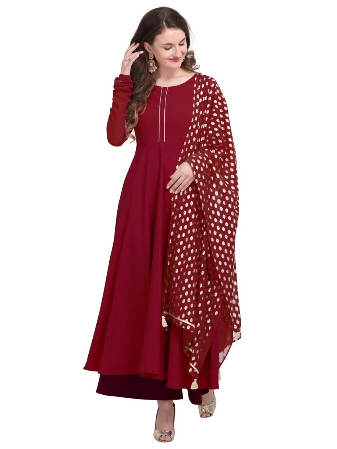 

APNISHA Georgette Ethnic Maxi Dress With Dupatta, Maroon