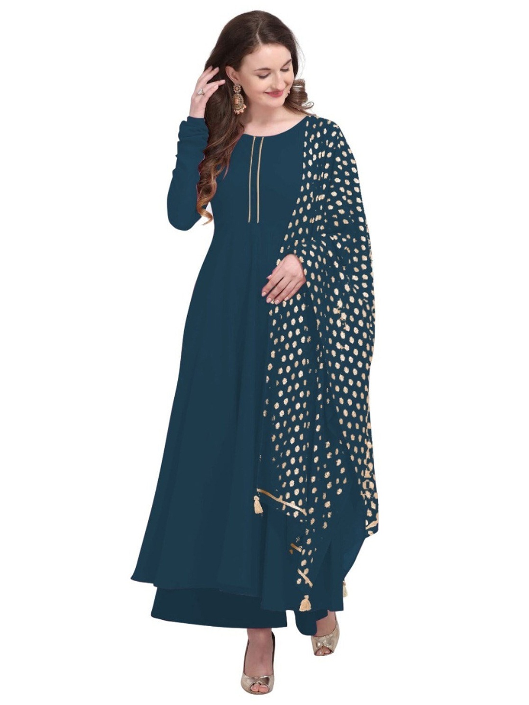 

APNISHA Women Long Sleeve Empire Kurta with Palazzos & Dupatta, Teal