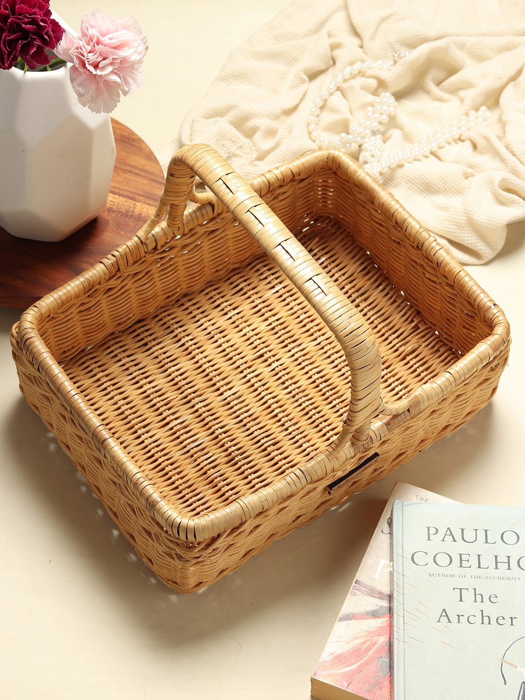

HABERE INDIA Beige Cane & Wood Wicker Storage Basket with Handle