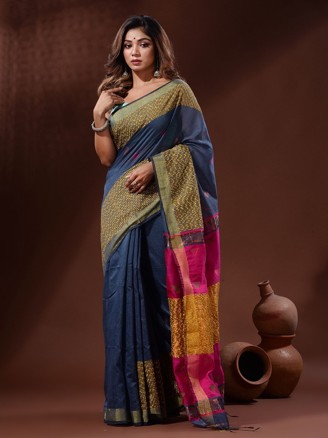 

Charukriti Woven Design Zari Silk Cotton Saree, Grey
